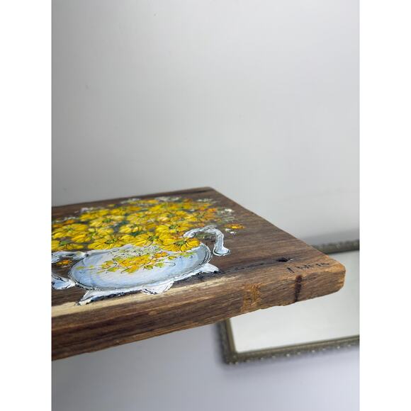 Vintage Signed Yellow Floral Still life on wood plaque , Country Cottage Farmhou - Picture 5 of 9